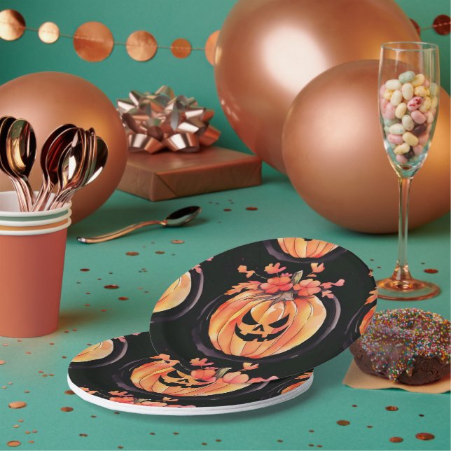 Plato De Papel Arte de calabaza de Halloween (Multi)
