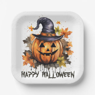 Plato De Papel Arte de calabaza sonriente malvada de Halloween fe
