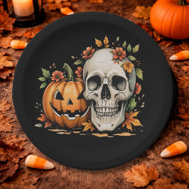 Plato De Papel Arte de Calavera y Calabaza