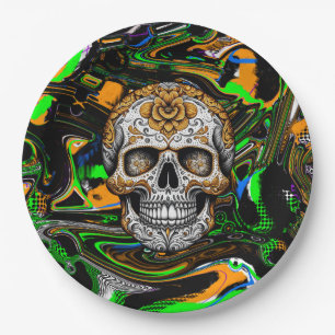 Plato De Papel Arte de cráneo de azúcar naranja negro y verde lim