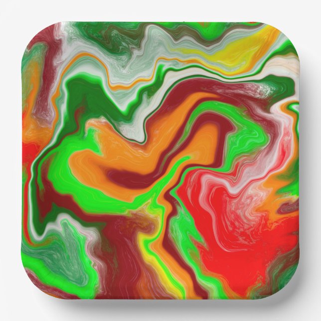 Plato De Papel Arte de fluidos de mármol rojo, verde y borgoñoso (Anverso)