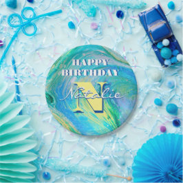 Plato De Papel Arte de flujo acrílico azul Aqua