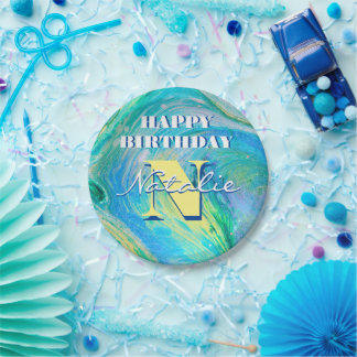 Plato De Papel Arte de flujo acrílico azul Aqua