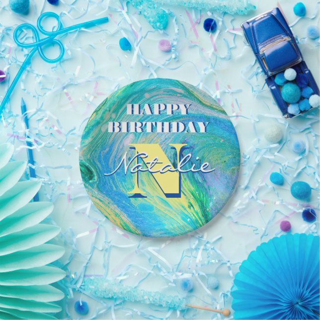 Plato De Papel Arte de flujo acrílico azul Aqua (Fiesta)