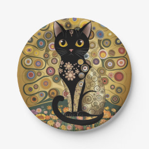 Plato De Papel Arte de gato negro decorativo dorado estilo Gustav