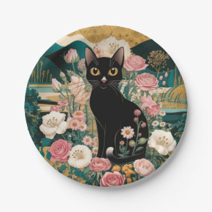 Plato De Papel Arte de gato negro decorativo dorado estilo Gustav