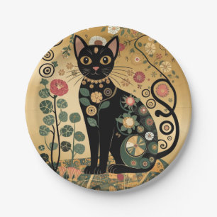Plato De Papel Arte de gato negro decorativo dorado estilo Gustav