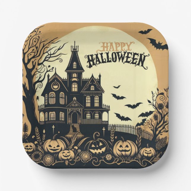 Plato De Papel Arte de Halloween feliz (Anverso)
