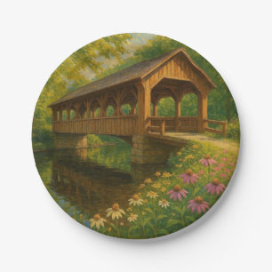 Plato De Papel Arte de hermoso puente cubierto de verano
