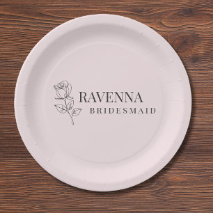 Plato De Papel Arte de Línea de Rosa Rosa Luxe con Nombre Persona