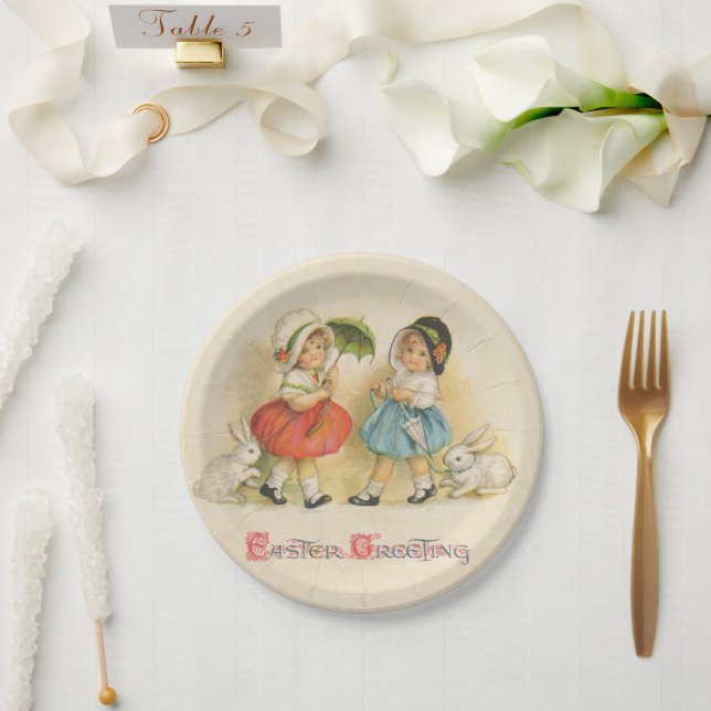 Plato De Papel Arte de Pascua Antiguo Conejo Infantil (Boda)