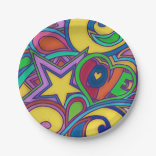 Plato De Papel Arte de paz retro hippy