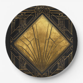 Plato De Papel Arte Deco negro y dorado 