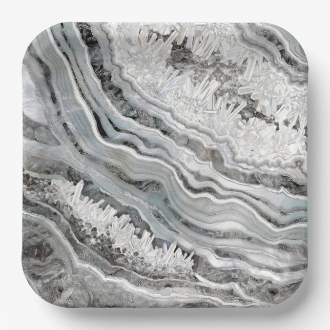 Plato De Papel Arte digital de geode blanco y plateado negro (Anverso)