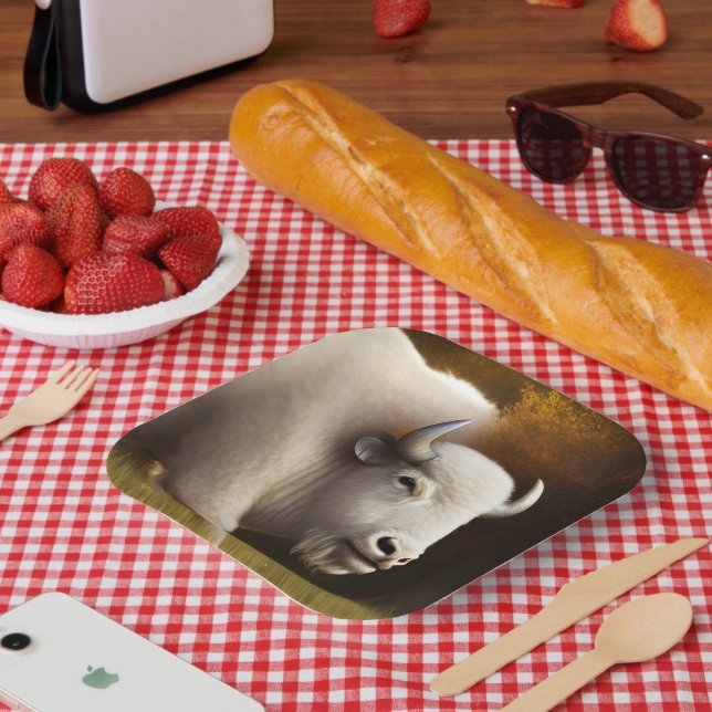 Plato De Papel Arte digital místico de búfalo blanco (Picnic)