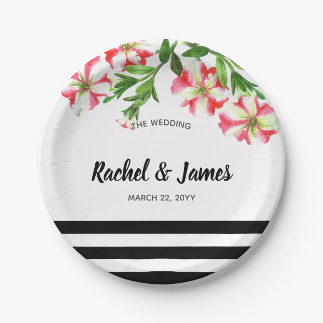 Plato De Papel Arte floral de Petunias rosadas y blancas (Anverso)