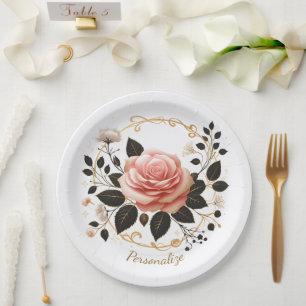 Plato De Papel Arte floral personalizado de rosa rosa y dorado