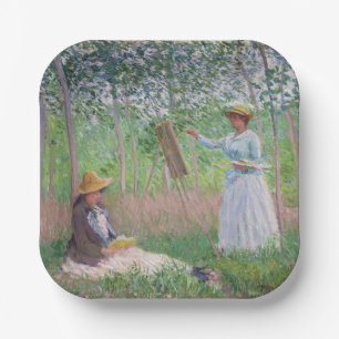Plato De Papel Arte forestal vintage de Monet con luz solar motea