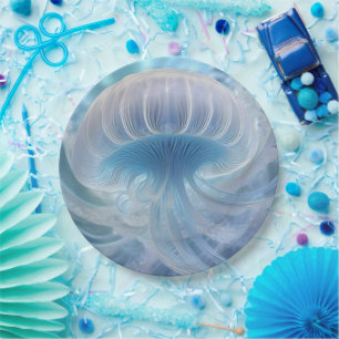 Plato De Papel Arte Fractal Pastel Blue Jellyfish Debajo Del Mar,