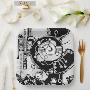 Plato De Papel Arte Geométrico Blanco Y Negro 4