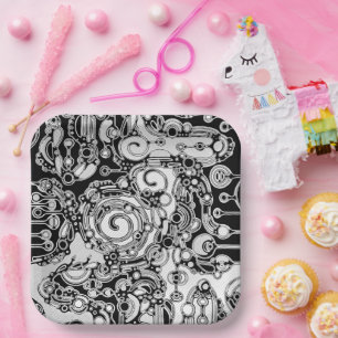 Plato De Papel Arte Geométrico Negro Y Blanco 3