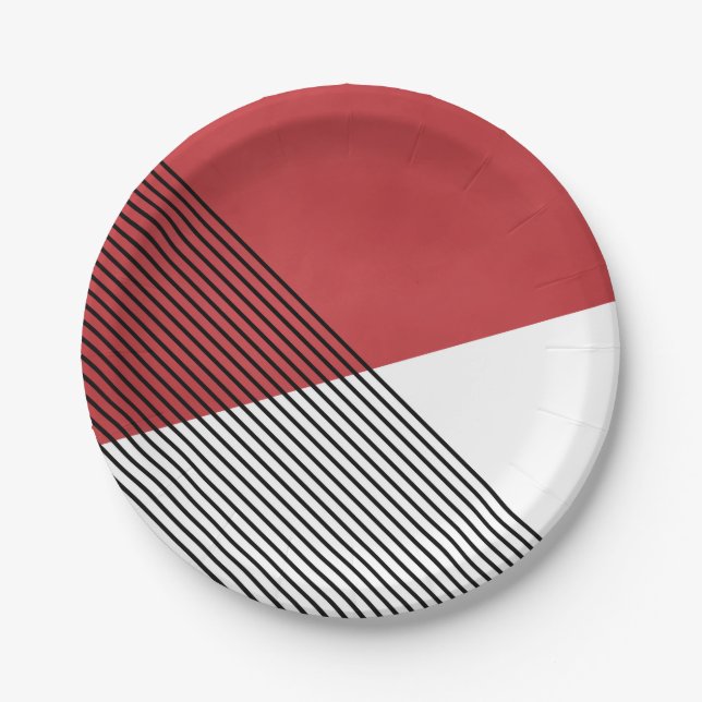 Plato De Papel Arte geométrico simple negro, blanco y rojo (Anverso)