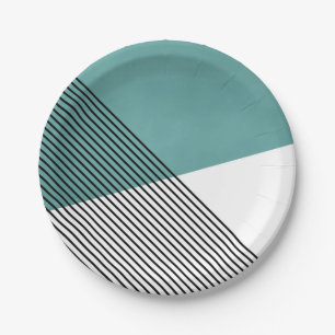 Plato De Papel Arte geométrico simple negro, blanco y turquesa