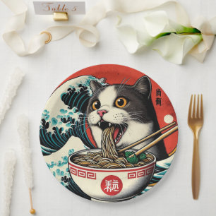 Plato De Papel Arte Japonés de Ramen de Gato Estilo Vintage