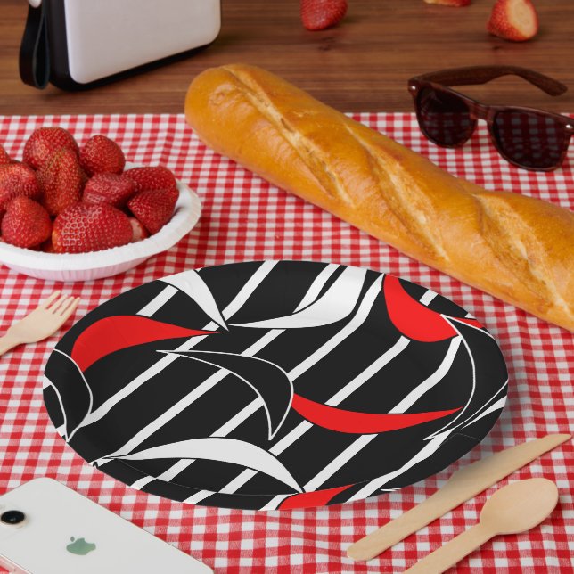 Plato De Papel Arte moderno negro, blanco y rojo (Picnic)
