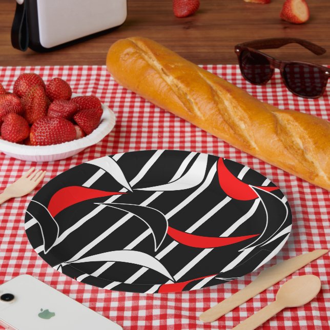 Plato De Papel Arte moderno negro, blanco y rojo (Picnic)