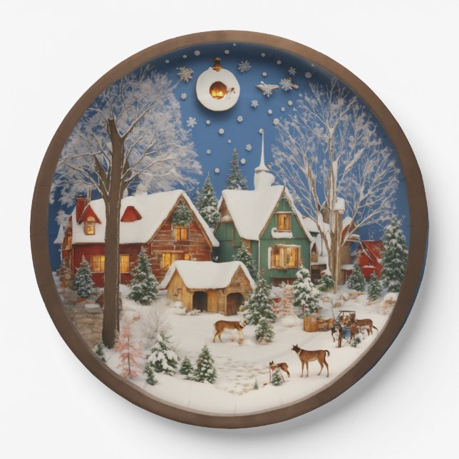 Plato De Papel "Arte mural 3D de Winter Village" (Anverso)