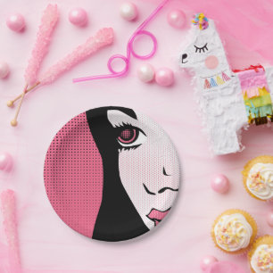 Plato De Papel Arte Pop de Cómic Moderno de la Cara de una Mujer