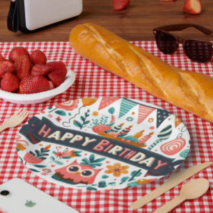 Plato De Papel Arte Popular Caprichoso Feliz Cumpleaños Búho Flor