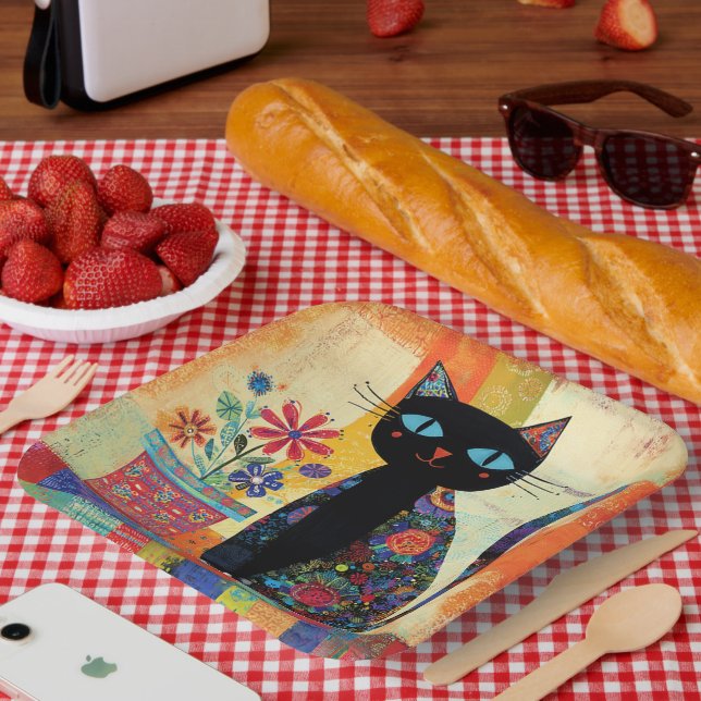 Plato De Papel Arte Popular de Gato Negro (Picnic)
