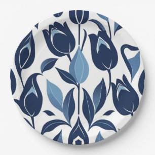 Plato De Papel Arte Popular Escandinavo Simétrico Tulipán Azul Ma