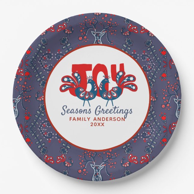 Plato De Papel Arte Popular Navidad Pájaro Escandinavo Rojo Azul (Anverso)