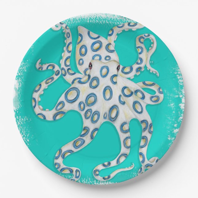Plato De Papel Arte Verde azulado Octopus de Blue Ring (Anverso)