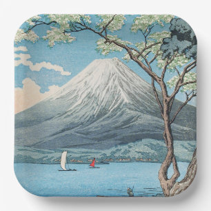 Plato De Papel Arte vintage japonés del Monte Fuji y el lago Yama