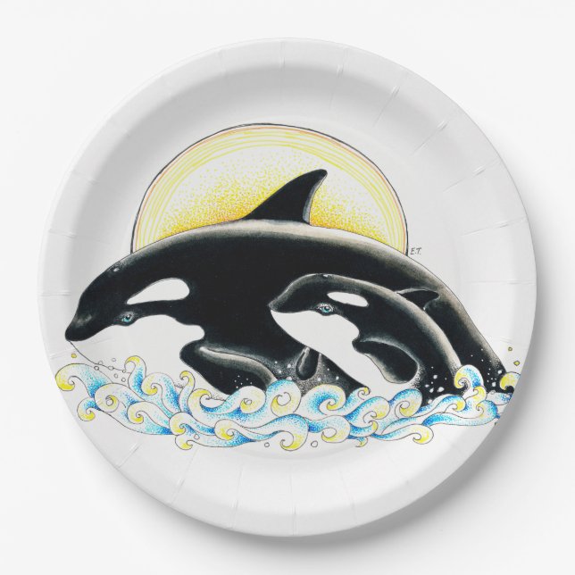 Plato De Papel Artes de tinta familiar de la ballena orca (Anverso)