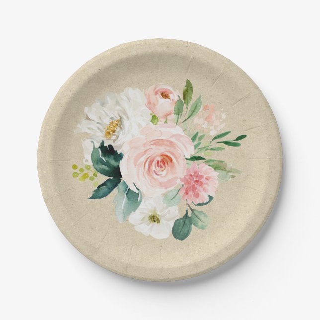 Plato De Papel Artesanía Rústica & Rosa Claro Acuarela Floral Bon (Anverso)