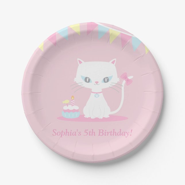 Plato De Papel Artículos para fiesta de cumpleaños de gatito blan (Anverso)