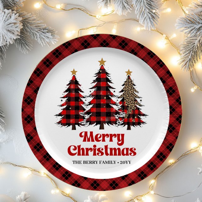 Plato De Papel Artistic Plaid Christmas Tree Custom Name Paper   (Artistic Plaid Christmas Tree Custom Name Paper Plates)