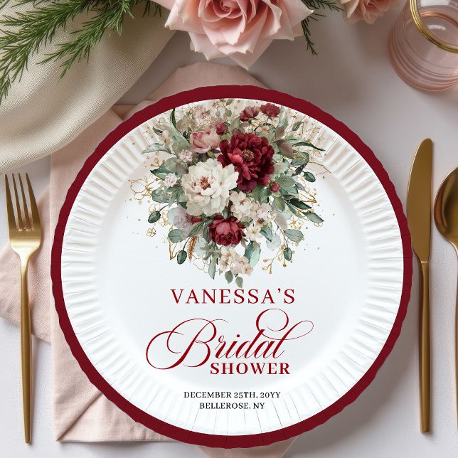 Plato de Papel Artístico Floral Borgoña para Desay (Artistic Burgundy Floral Bridal Shower Paper Plates)