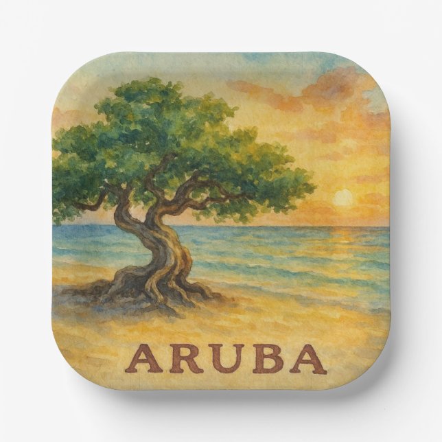 Plato De Papel Aruba Eagle Beach Divi Tree Golden Hour (Anverso)