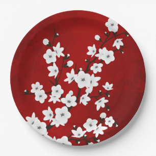 Plato De Papel Asia Floral White Cherry Blossom Red