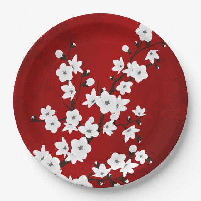 Plato De Papel Asia Floral White Cherry Blossom Red (Anverso)
