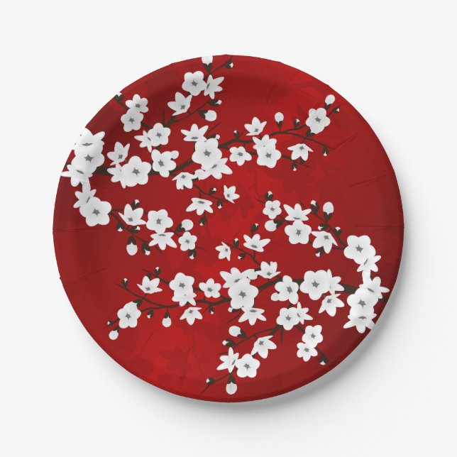 Plato De Papel Asia Floral White Cherry Blossom Red (Anverso)