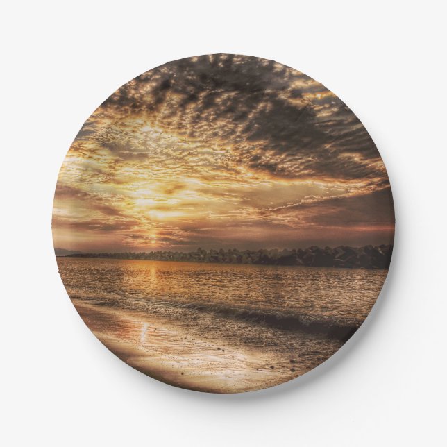 Plato De Papel Asombroso amanecer en la playa (Anverso)