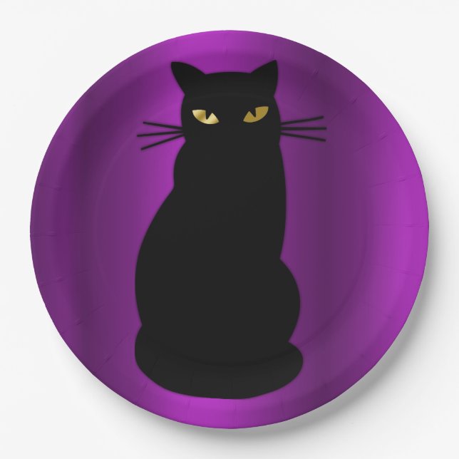 Plato De Papel Asombroso gato negro de Halloween (Anverso)