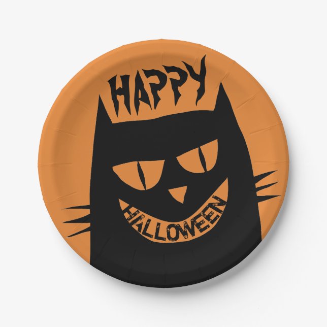 Plato De Papel Asombroso gato negro de Halloween en Naranja (Anverso)